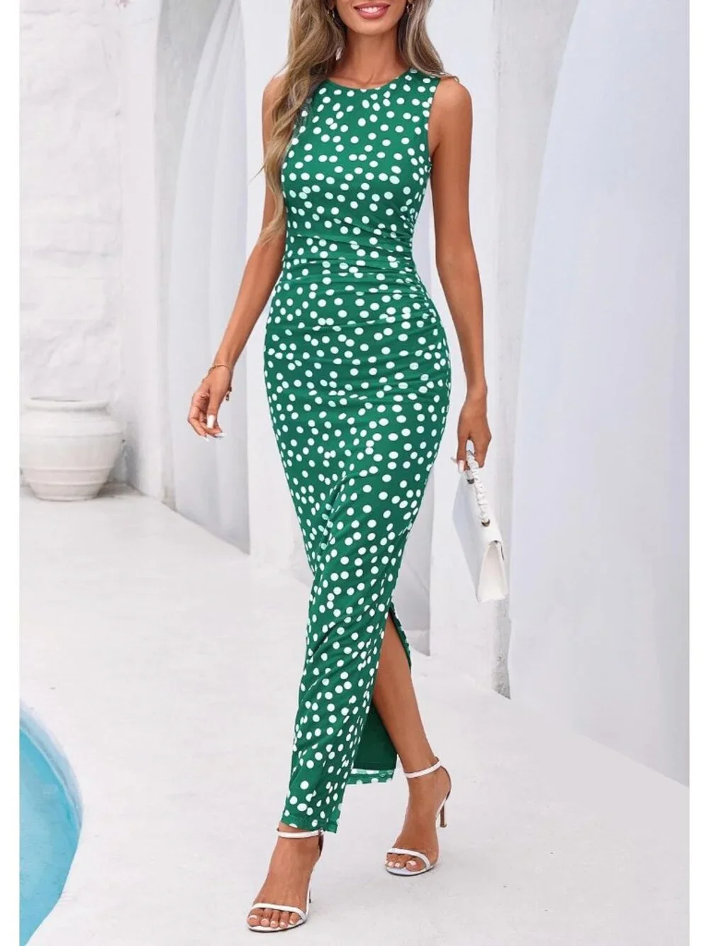 Women's Dot Green Polyester Elastane Mesh Sleeveless Bodycon Long Maxi Dress - Picture 3 of 6